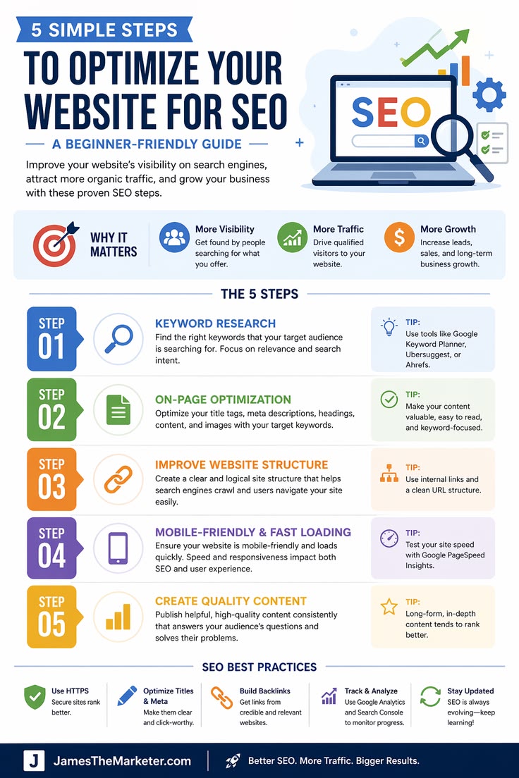 Infografika s 5 kroky SEO optimalizace: keyword research, on-page optimalizace, struktura webu, mobilní přístupnost a kvalitní obsah