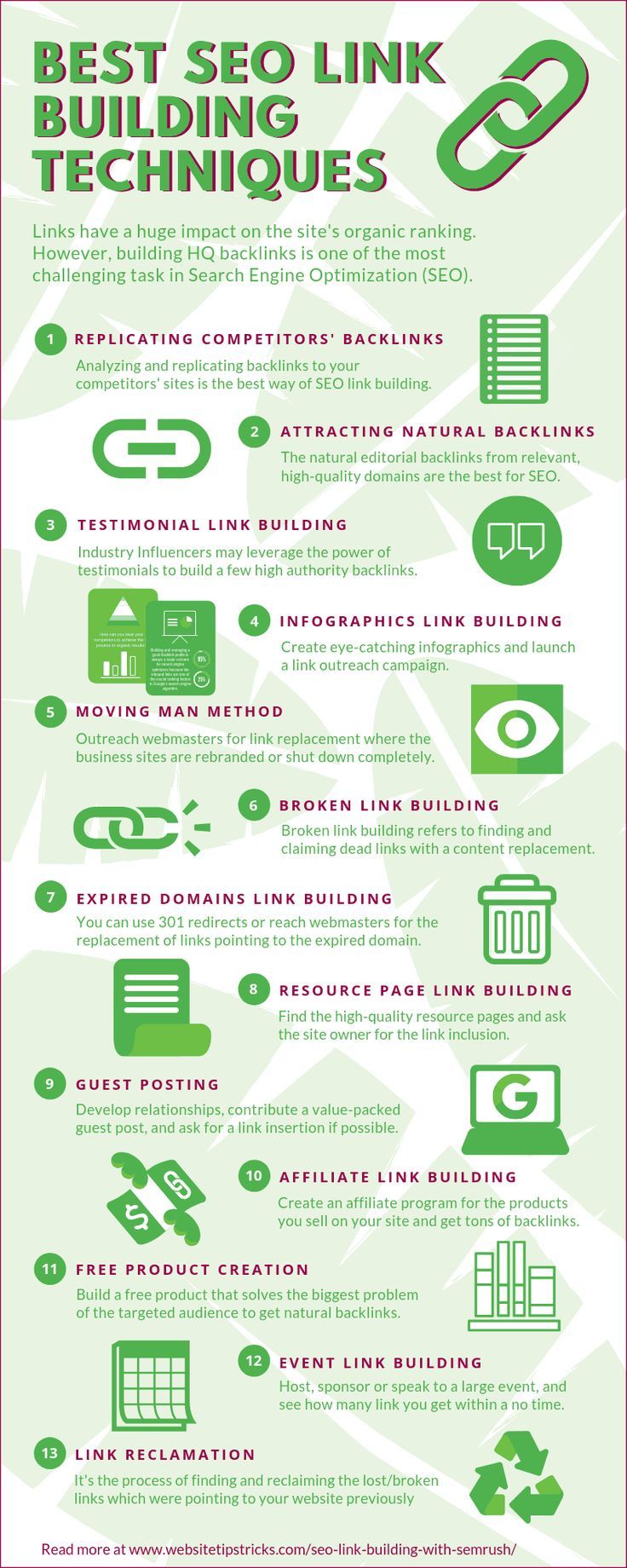 Infografika s 13 metodami SEO linkbuildingu, zobrazující techniky pro získávání kvalitních zpětných odkazů a zlepšení organického rankingu webu