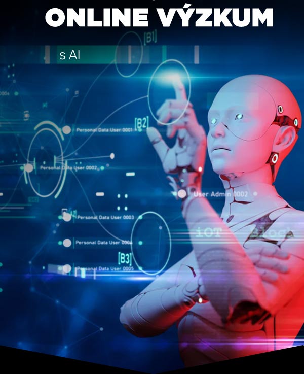AI robot provádí online výzkum s futuristickým rozhraním a datovými vizualizacemi